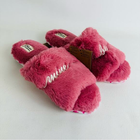 Dluxe By Dearfoams Women Plush Be Mine Slide Slipper Pink Faux Fur Flat Sz L - Picture 3 of 9